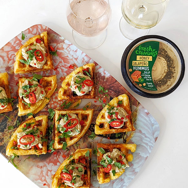 Dips & Sips: Cheddar Cornbread Waffles with Honey Jalapeno Hummus - Fresh Cravings