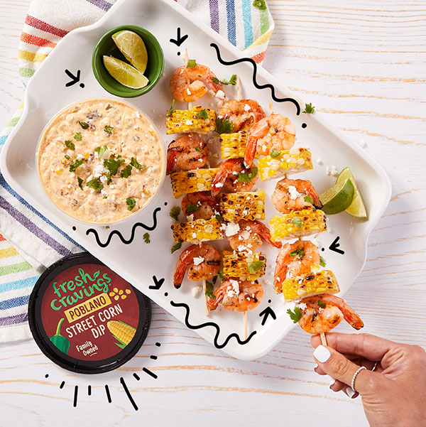 Corn and Shrimp Skewers with Fresh Cravings Poblano Street Corn Dip - Fresh Cravings